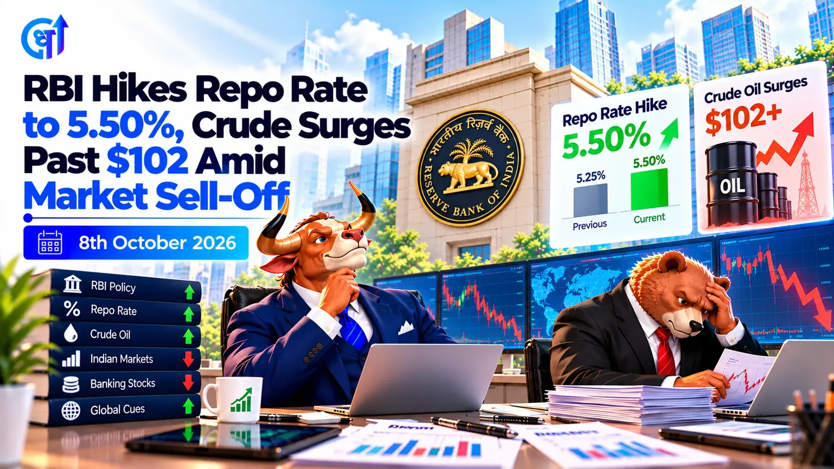 RBI Hikes Repo Rate to 5.50%, Crude Surges Past $102 Amid Market Sell-Off